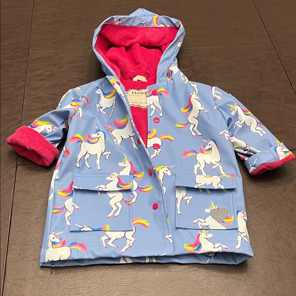 Hatley Blue Unicorn Raincoat with Pink Interior